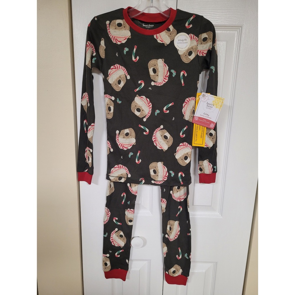 Burt's Bees Kids Holiday Pajamas Organic Cotton Bear Candy Cane 2pc Set 8Y NEW